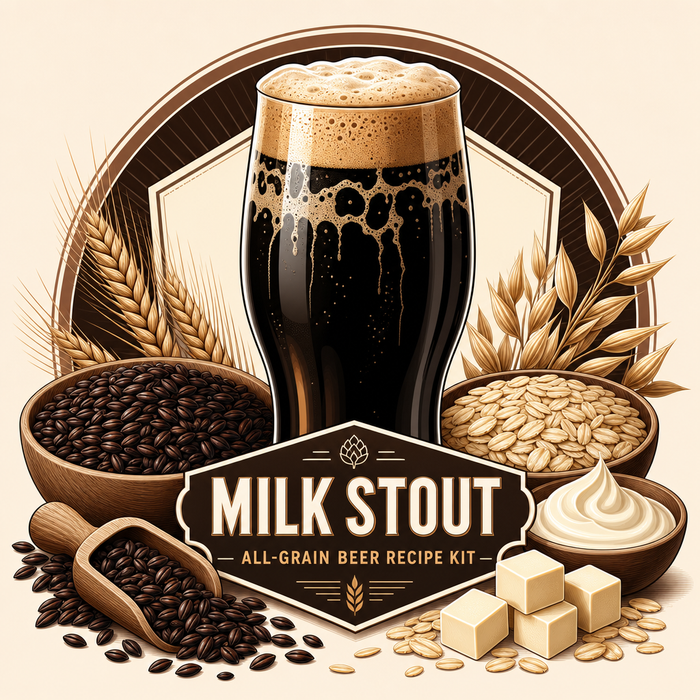 Milk Stout all-grain recipe kit illustrated artwork with dark stout, creamy foam, roasted malt, and oats