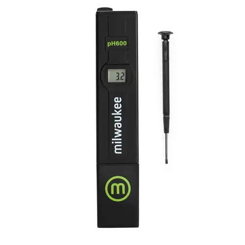 Milwaukee Instruments pH600 AQ pH tester, shown with screwdriver adjustment tool.