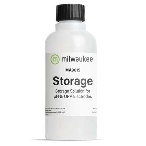 Bottle of Milwaukee storage solution for pH and ORP electrodes on a white background