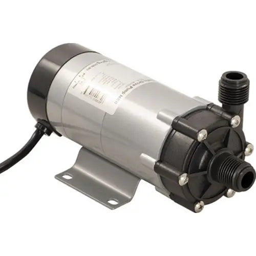 Kegland MKII Magnetic Drive Brewing Pump with metallic finish and black high temp plastic connectors on a white background