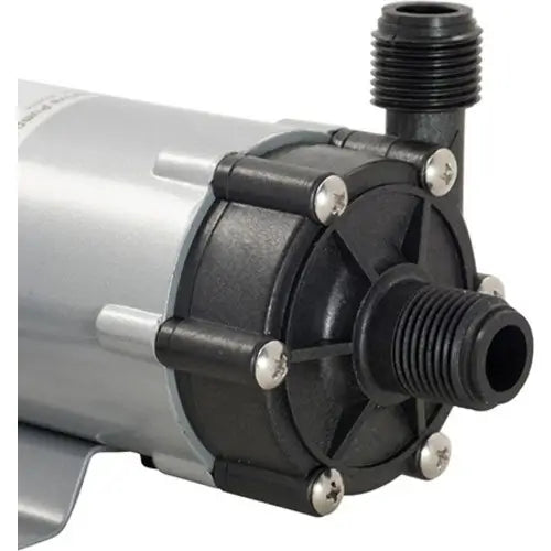 Kegland MKII Magnetic Drive Brewing Pump with metallic finish and black high temp plastic connectors on a white background, close up on pump drive mechanism