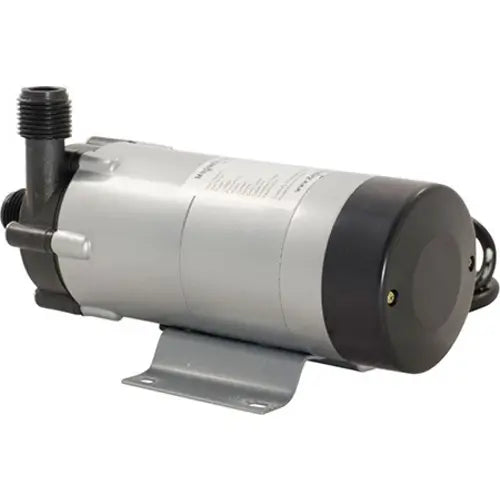 Kegland MKII Magnetic Drive Brewing Pump with metallic finish and black high temp plastic connectors on a white background, back view