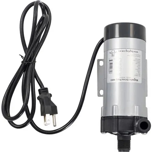 Kegland MKII Magnetic Drive Brewing Pump with metallic finish and black high temp plastic connectors on a white background, top view
