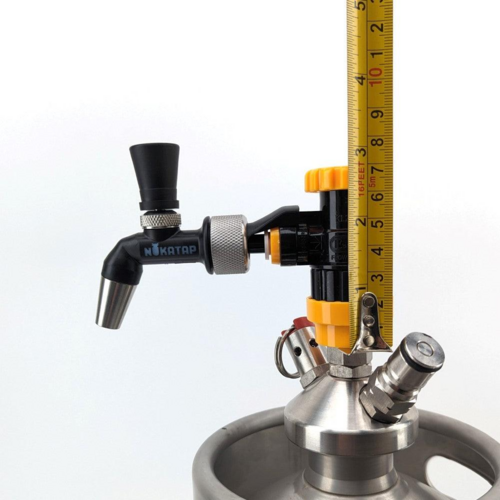 Image of Nukatap Mini beer faucet in Matte Black color, with vertical measurements showing potential configuration on a keg.