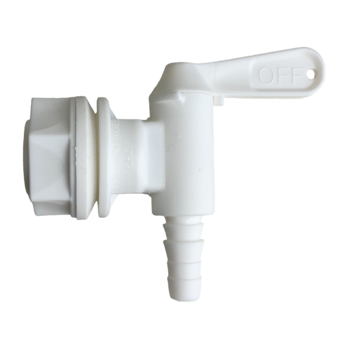 Side view of a white plastic on/off barbed spigot.