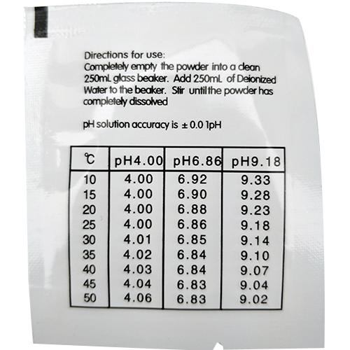 pH Calibration Solution Buffer Powder, temperature correction table.