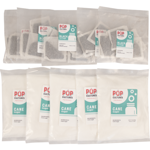 5-pack Kombucha Refill Kit includes (5) Black Tea packages and (5) Dextrose Sugar pouches.