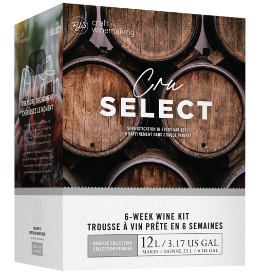 RJS Craft Winemaking Cru Select 12L six-week wine kit box with oak barrel artwork.