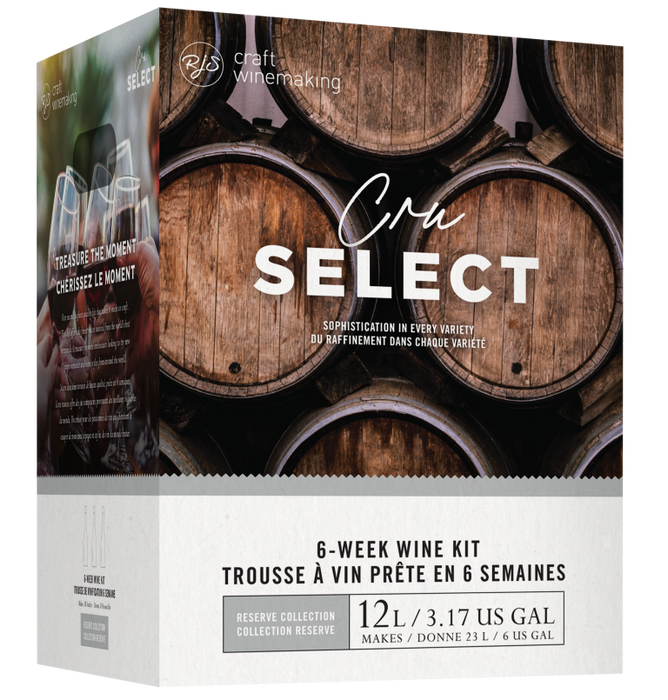 RJS Craft Winemaking Cru Select 12L six-week wine kit box with oak barrel artwork.