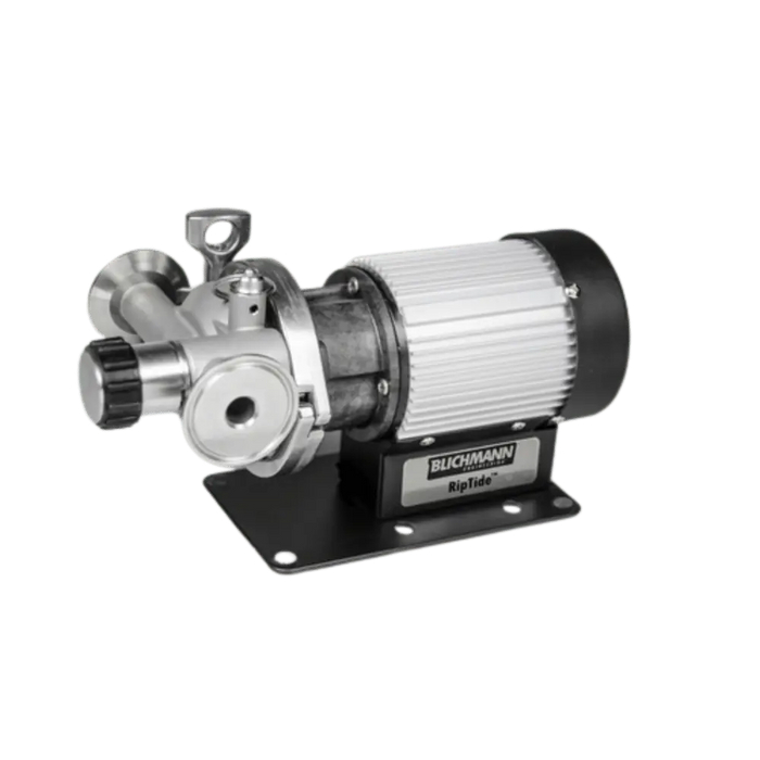 Blichmann Riptide pump on a white background with Tri Clamp fittings