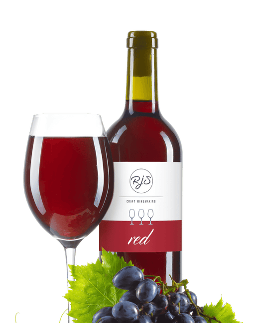 Bottle and glass of red wine with grapes representing RJS Cru Select Chilean Malbec.