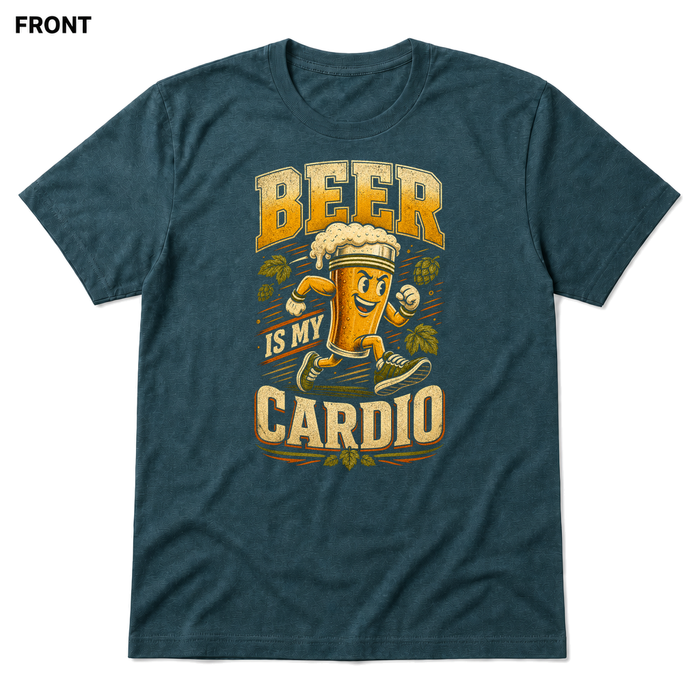 Beer Is My Cardio Heather Deep Teal front t-shirt mockup - SoCal Brewing Supply