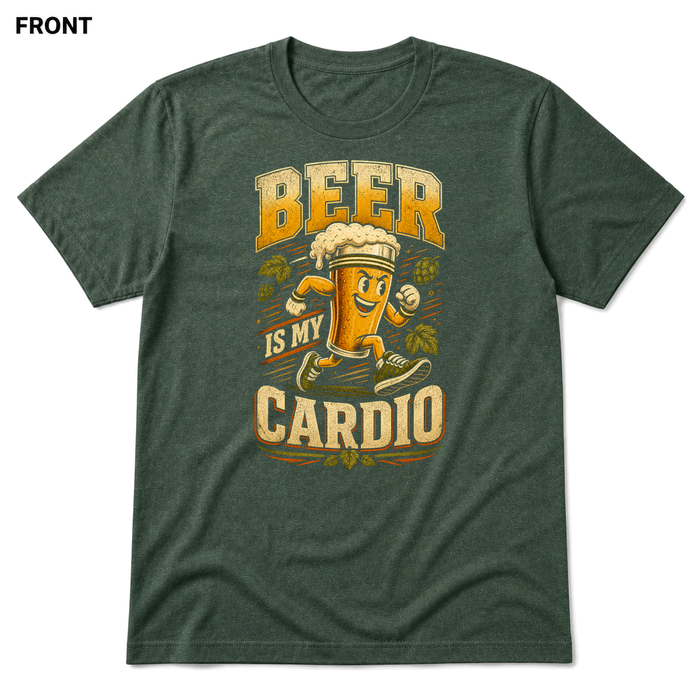 Beer Is My Cardio Heather Forest front t-shirt mockup - SoCal Brewing Supply