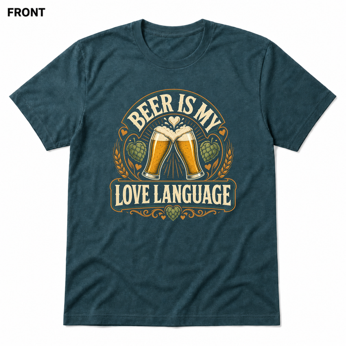 Beer Is My Love Language Heather Deep Teal front t-shirt mockup - SoCal Brewing Supply