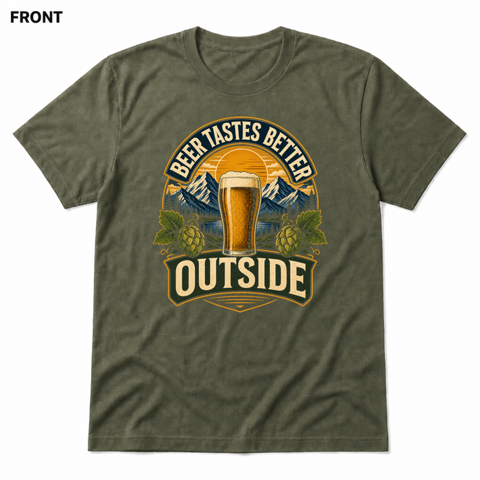 Beer Tastes Better Outside Heather Military Green front t-shirt mockup - SoCal Brewing Supply