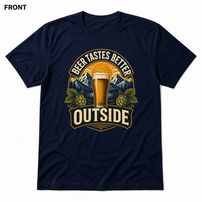 Beer Tastes Better Outside Navy front t-shirt mockup - SoCal Brewing Supply