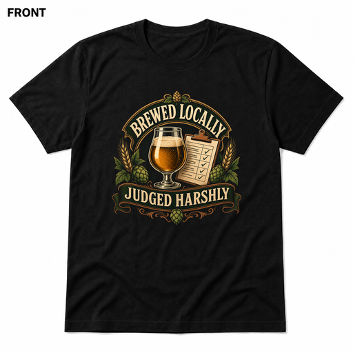 Brewed Locally, Judged Harshly Black front t-shirt mockup - SoCal Brewing Supply
