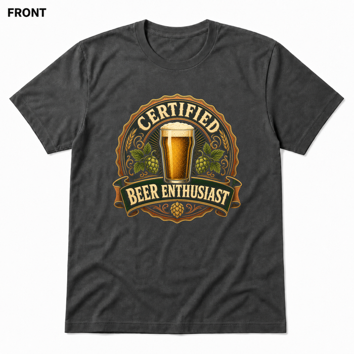 Certified Beer Enthusiast Asphalt front t-shirt mockup - SoCal Brewing Supply