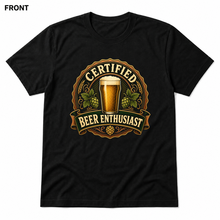 Certified Beer Enthusiast Black front t-shirt mockup - SoCal Brewing Supply