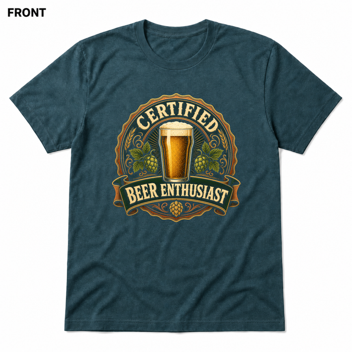 Certified Beer Enthusiast Heather Deep Teal front t-shirt mockup - SoCal Brewing Supply