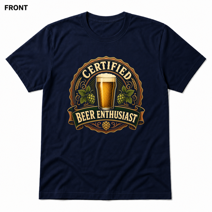 Certified Beer Enthusiast Navy front t-shirt mockup - SoCal Brewing Supply