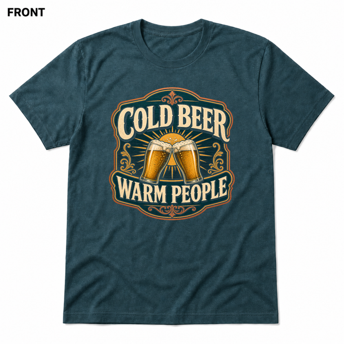 Cold Beer, Warm People Heather Deep Teal front t-shirt mockup - SoCal Brewing Supply