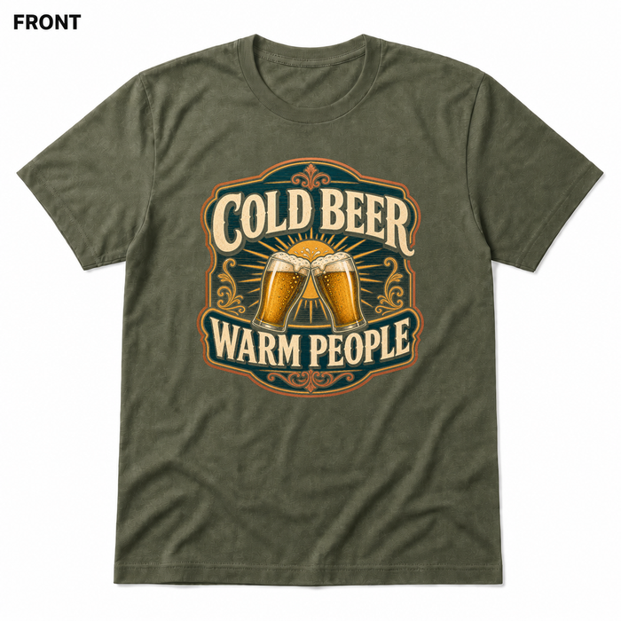 Cold Beer, Warm People Heather Military Green front t-shirt mockup - SoCal Brewing Supply