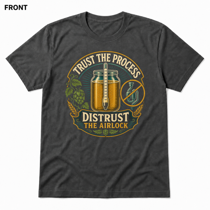 Distrust the Airlock Asphalt front t-shirt mockup - SoCal Brewing Supply