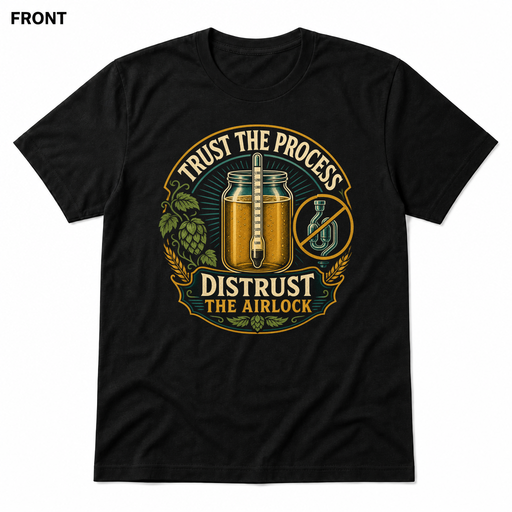 Distrust the Airlock Black front t-shirt mockup - SoCal Brewing Supply