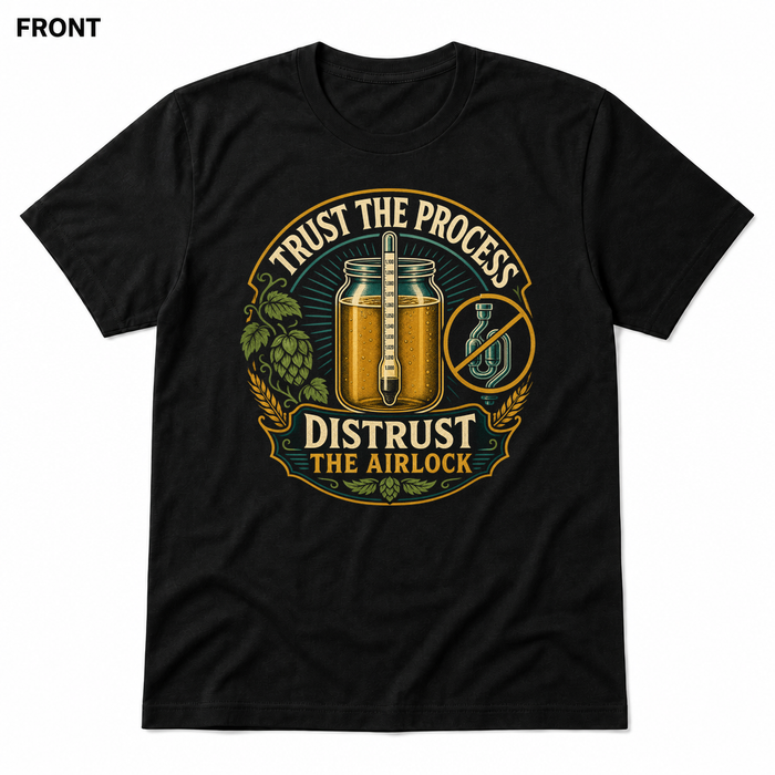 Distrust the Airlock Black front t-shirt mockup - SoCal Brewing Supply
