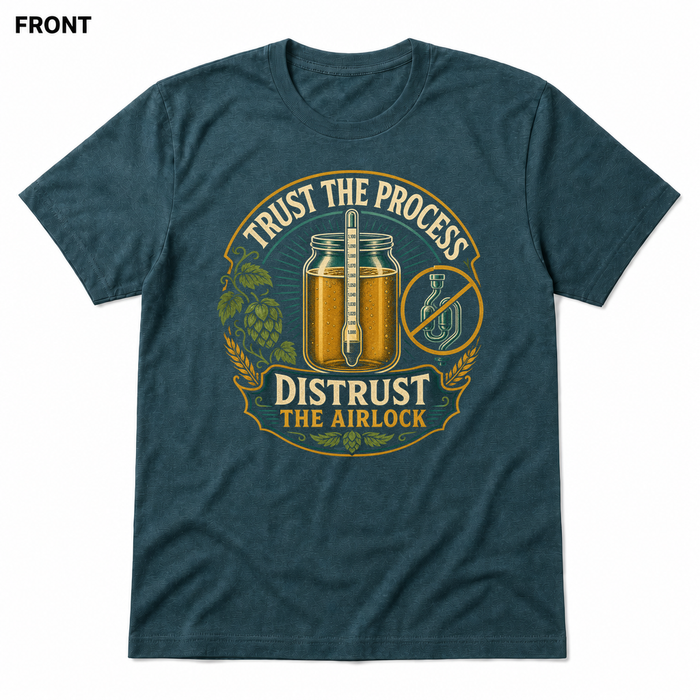 Distrust the Airlock Heather Deep Teal front t-shirt mockup - SoCal Brewing Supply