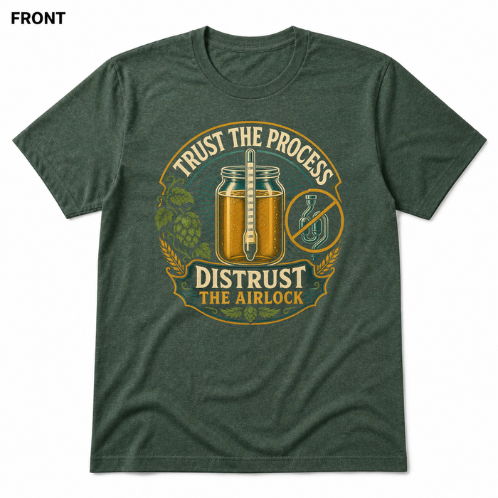 Distrust the Airlock Heather Forest front t-shirt mockup - SoCal Brewing Supply