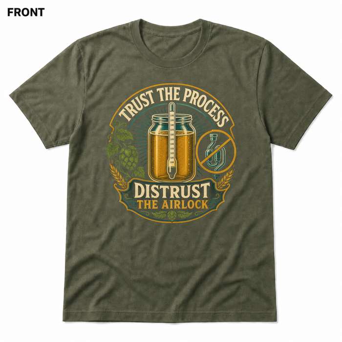 Distrust the Airlock Heather Military Green front t-shirt mockup - SoCal Brewing Supply