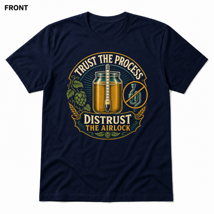 Distrust the Airlock Navy front t-shirt mockup - SoCal Brewing Supply