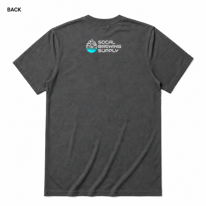 I Forgot to Sanitize t-shirt back view in Asphalt with SoCal Brewing Supply logo, square white background
