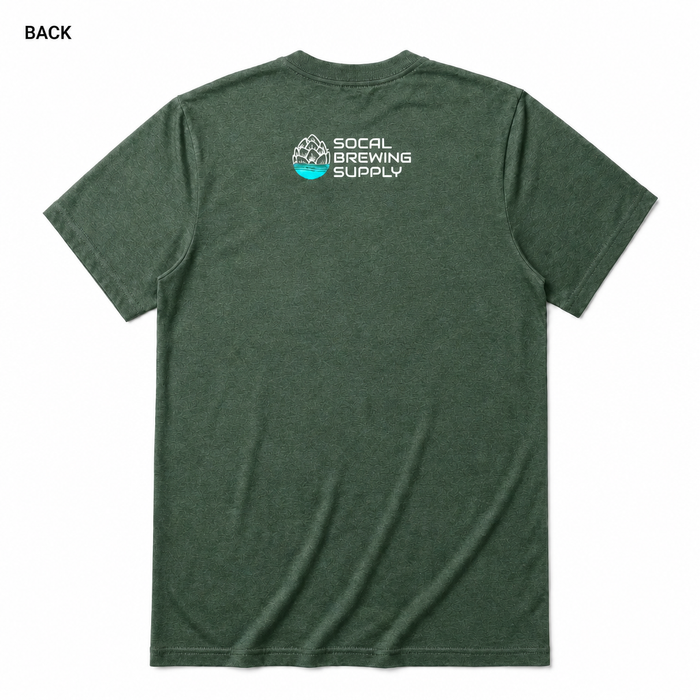 I Forgot to Sanitize t-shirt back view in Heather Forest with SoCal Brewing Supply logo, square white background