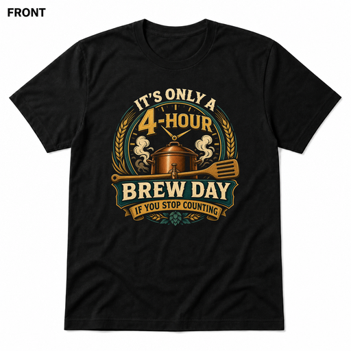 Four-Hour Brew Day Black front t-shirt mockup - SoCal Brewing Supply