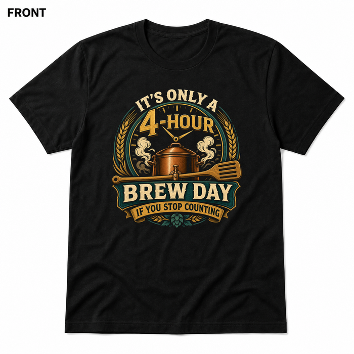 Four-Hour Brew Day Black front t-shirt mockup - SoCal Brewing Supply
