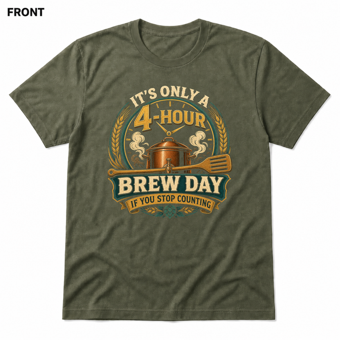 Four-Hour Brew Day Heather Military Green front t-shirt mockup - SoCal Brewing Supply