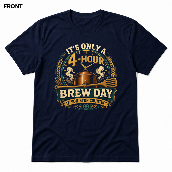 Four-Hour Brew Day Navy front t-shirt mockup - SoCal Brewing Supply