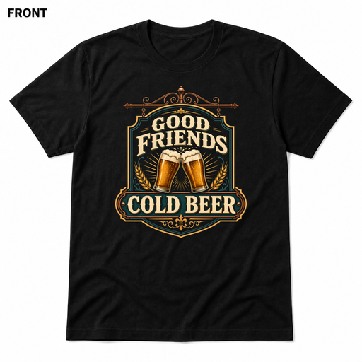 Good Friends, Cold Beer Black front t-shirt mockup - SoCal Brewing Supply