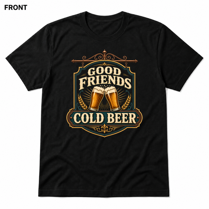 Good Friends, Cold Beer Black front t-shirt mockup - SoCal Brewing Supply