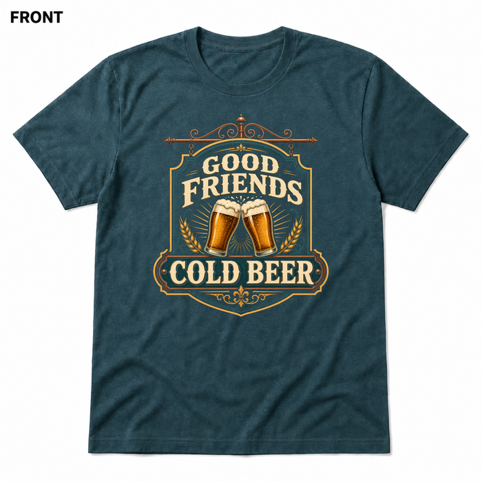 Good Friends, Cold Beer Heather Deep Teal front t-shirt mockup - SoCal Brewing Supply