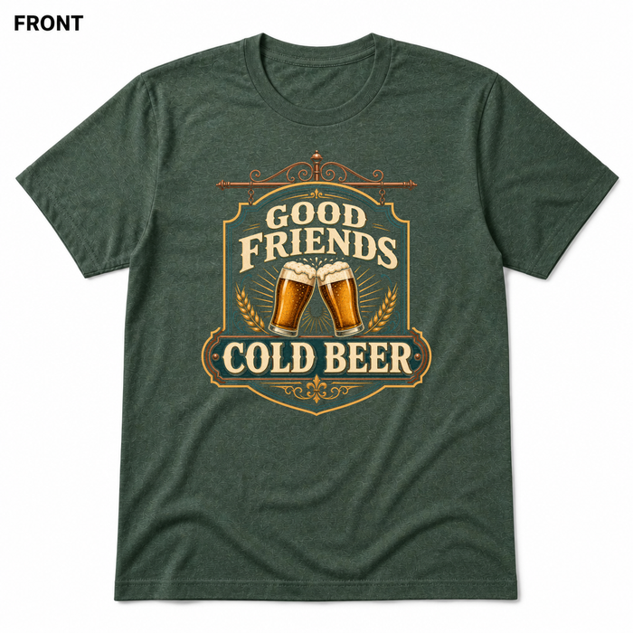 Good Friends, Cold Beer Heather Forest front t-shirt mockup - SoCal Brewing Supply