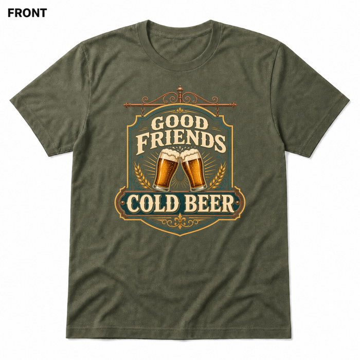 Good Friends, Cold Beer Heather Military Green front t-shirt mockup - SoCal Brewing Supply