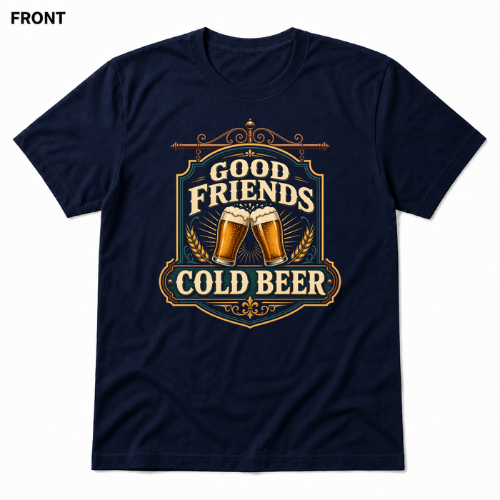 Good Friends, Cold Beer Navy front t-shirt mockup - SoCal Brewing Supply