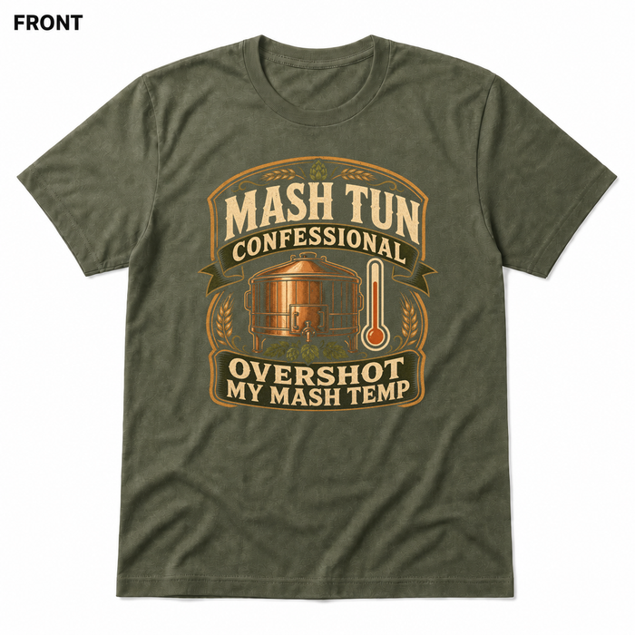 Mash Tun Confessional Heather Military Green front t-shirt mockup - SoCal Brewing Supply