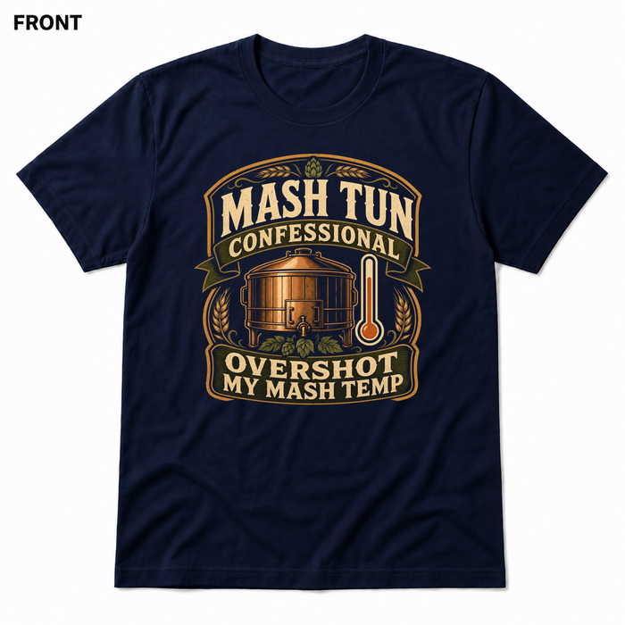 Mash Tun Confessional Navy front t-shirt mockup - SoCal Brewing Supply