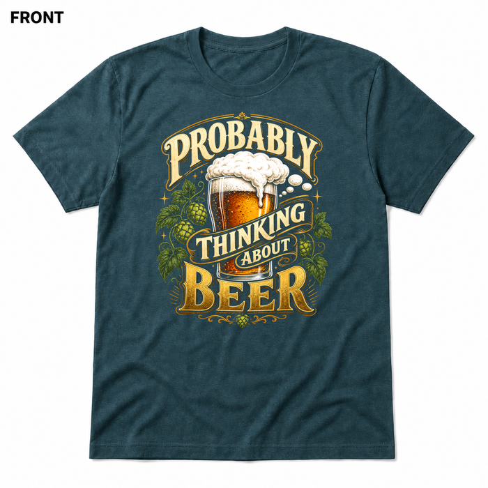 Probably Thinking About Beer Heather Deep Teal FRONT mockup - SoCal Brewing Supply