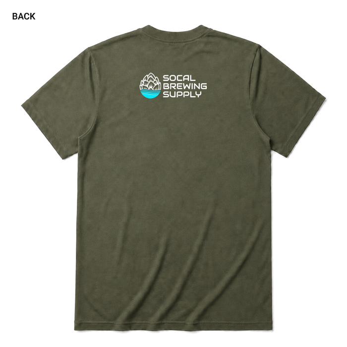 Running Late, Bringing Beer Heather Military Green back t-shirt mockup - SoCal Brewing Supply
